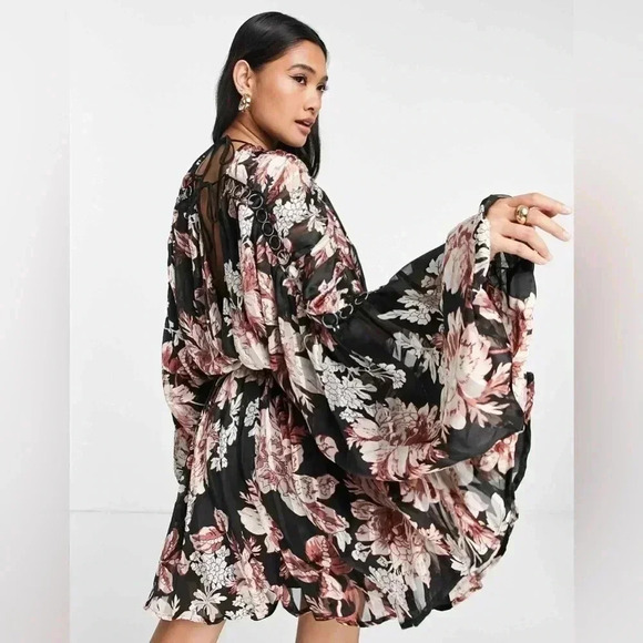 Asos Design Curve Floral Print Long Sleeve Satin Mini dress Size 14 NWOT - Picture 3 of 14